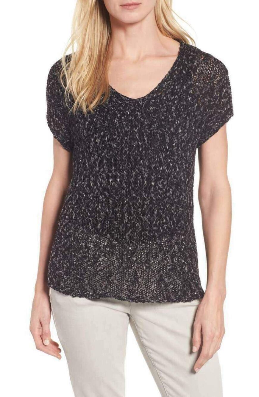Eileen Fisher Black Cotton Nylon Tape V-neck Cap Sleeve Semi-Sheer Sz XXS Top